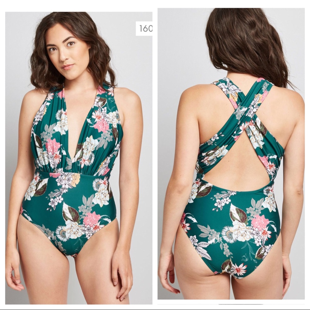 Modcloth Green Floral One Piece Swimsuit